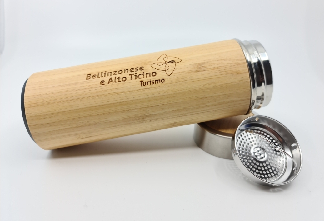 Laser-engraved natural bamboo thermos flask with stainless steel cap