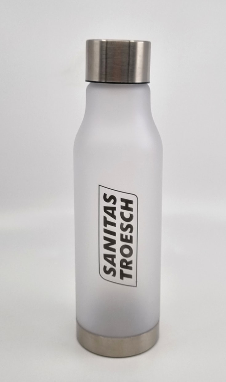 Borraccia in plastica ecologica con tappo metallico e logo stampato