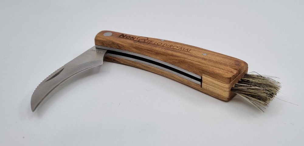 Coltellino per funghi con scopino e incisione sul legno